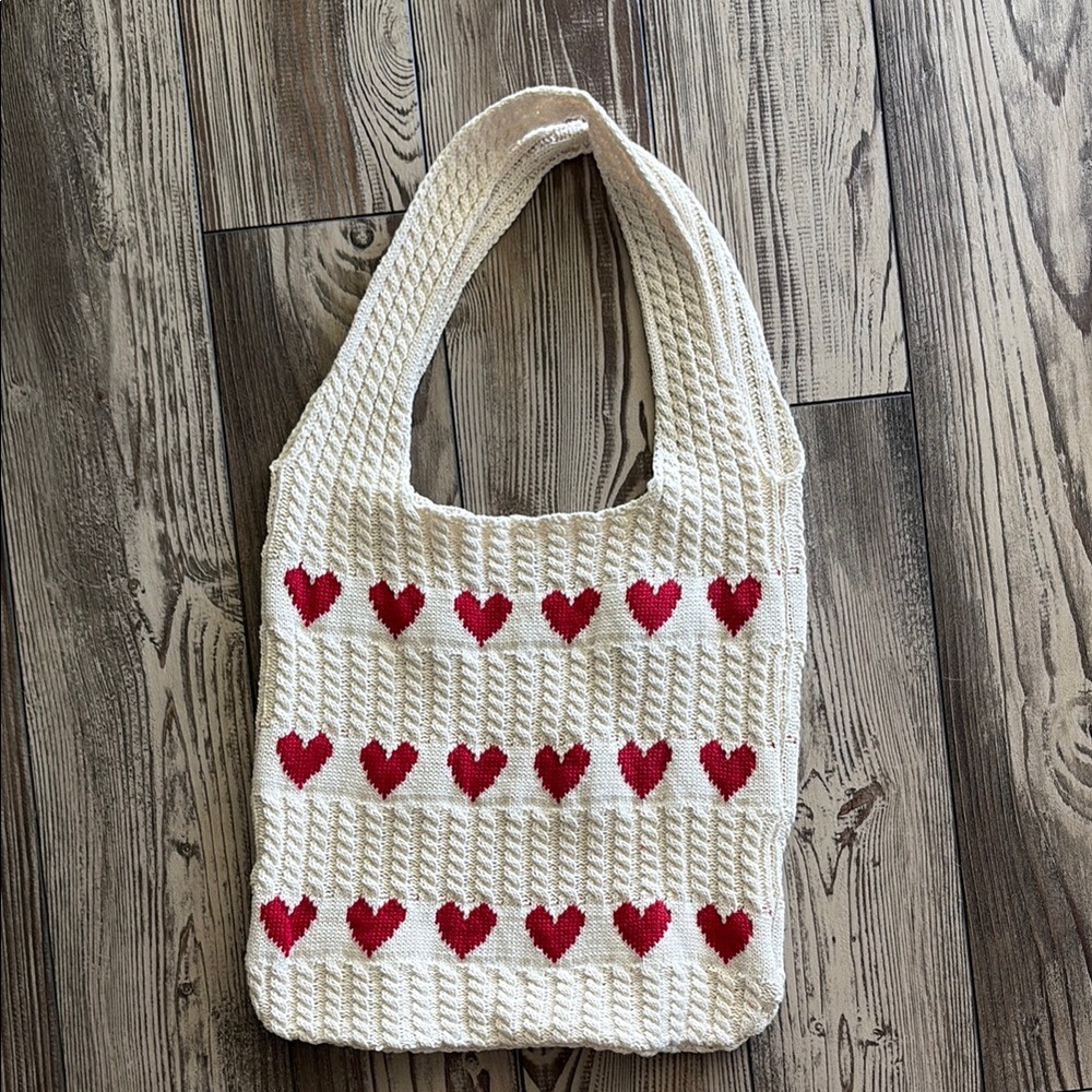 Heart Patterned Cream and Red Women's Bag
